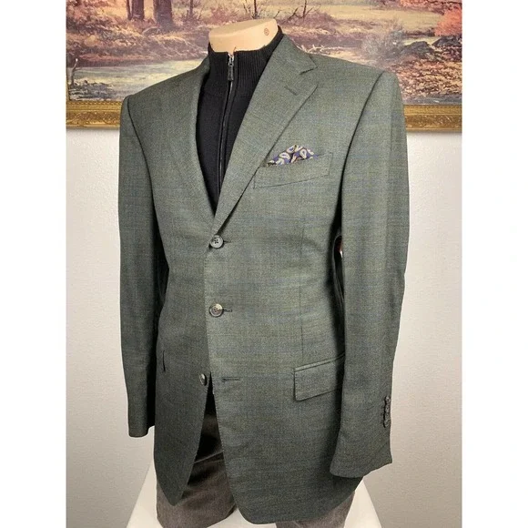 40R Ermenegildo Zegna Green‎ Check Sport Coat - Suit Jacket - Picture 7 of 14